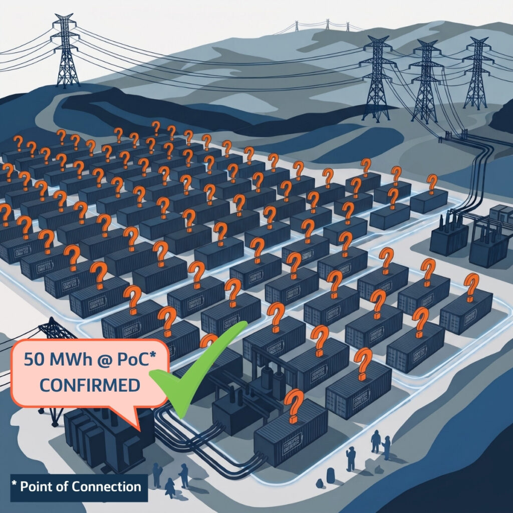 Illustration of a battery storage site where an independent AC compliance check confirms 50 MWh at the point of connection while cell-level status remains unverified.