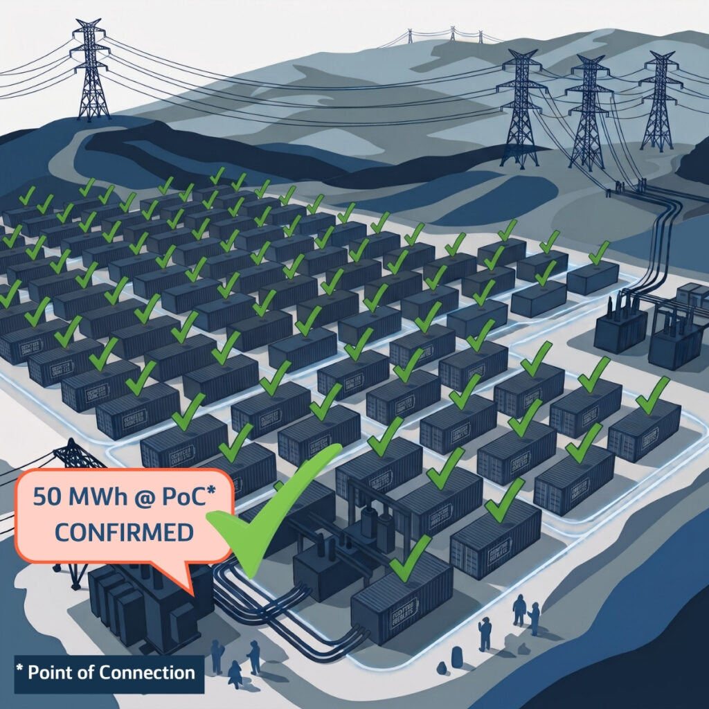 Illustration of a battery storage site with 100% bottom-up DC diagnostics coverage, surfacing cell-level issues and latent defects down to rack and module level.