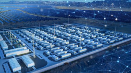 Utility-scale battery energy storage system BESS with data network overlay for AvEn available energy analytics.