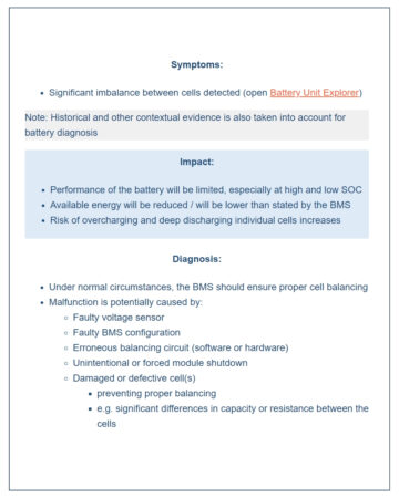 volytica diagnostics alert example showing battery cell imbalance symptoms, impact on performance, and root-cause diagnosis