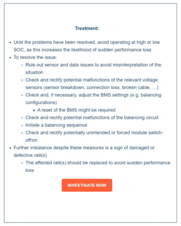volytica diagnostics alert example showing recommended treatment steps, including sensor checks, BMS reset, and cell replacement suggestions
