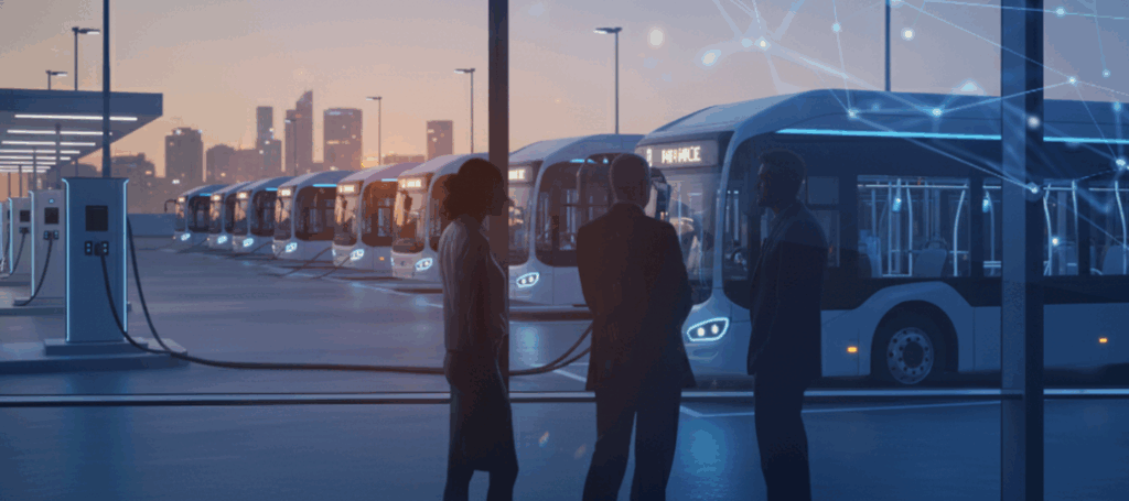 Electric buses charging at a depot at dusk, viewed through a glass wall with three professionals discussing fleet operations and digital connections symbolizing data-driven battery management.