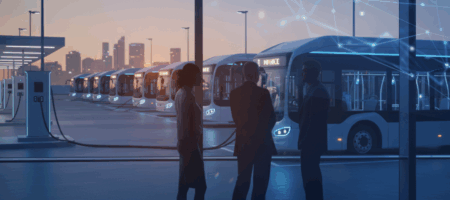 Electric buses charging at a depot at dusk, viewed through a glass wall with three professionals discussing fleet operations and digital connections symbolizing data-driven battery management.