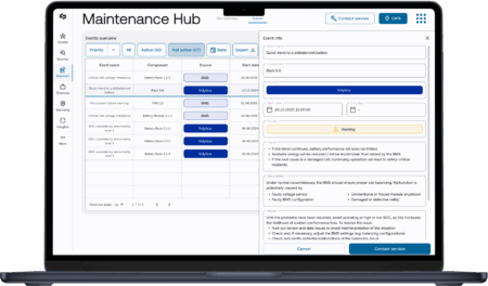 Technical interface showing BESS event diagnosis with specific cell balancing treatment recommendations from volytica.