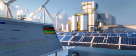 Battery diagnostics dashboard in front of solar panels and industry plant, symbolizing volytica’s role in enabling sustainable energy use and second-life applications