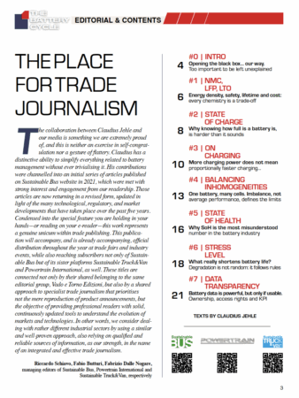Physical print editions of "The Battery Cycle" 2026 special feature by Sustainable Bus and volytica diagnostics.