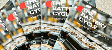 Physical copies of The Battery Cycle 2026 special feature magazine by Sustainable Bus and volytica diagnostics.