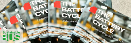 Stack of printed booklets titled THE BATTERY CYCLE. Cover text reads: THE BATTERY CYCLE, Understanding the heart of BEVs, 2026. Sustainable BUS logo in the bottom left corner.