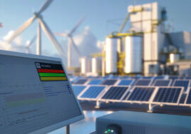 Renewable energy data analysis on digital monitor at solar and wind power plant. Sustainable development and green technology concept. Digitalization of energy sector with copy space. Design for educational, eco-friendly technology.
