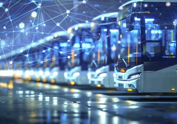 Electric buses in urban transit, promoting clean public transpor Electric buses in urban transit, promoting clean public transportation in a modern city, buses lined up at a bus station ,hyper realistic, low noise, low texture