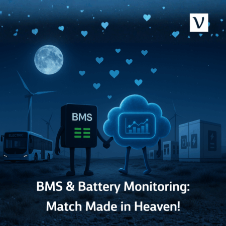 Cartoon of a Battery Management System (BMS) and a cloud-based battery monitoring system holding hands under a night sky, representing synergy in electric bus operations.