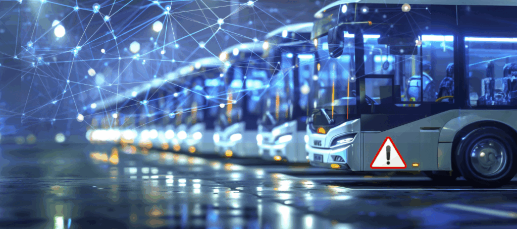 Fleet of electric buses with digital network overlay and battery warning icons, representing early anomaly detection through monitoring systems.