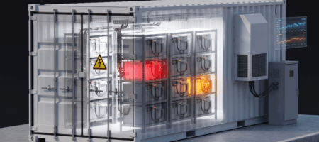 Cutaway illustration of a BESS container with individual battery modules highlighted, next to a monitoring screen, showing module-level battery diagnostics